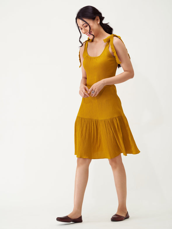 Shoulder Straps Tiered Crepe Fit  Flare dress