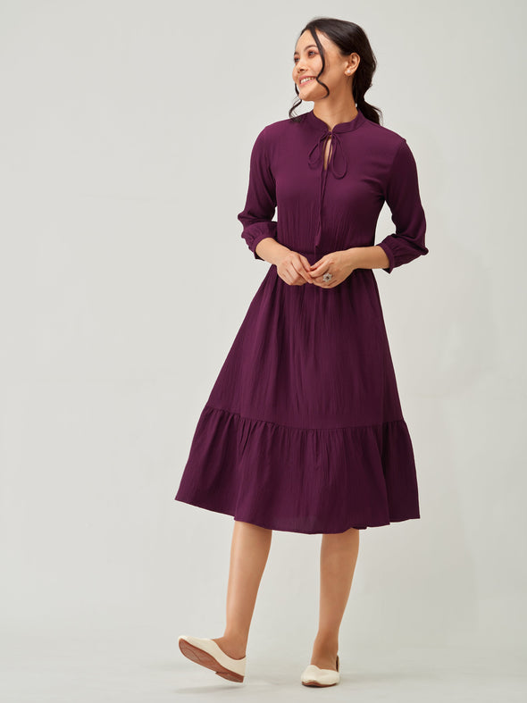 Tie-Up Neck Crepe Fit  Flare Dress