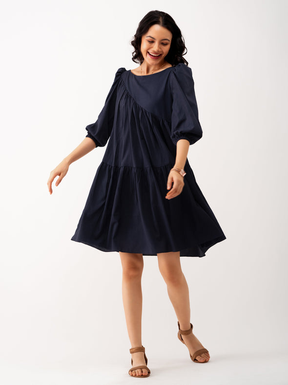 Boat Neck Puff Sleeves A-Line Dress