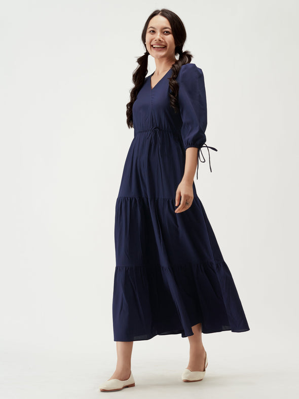 Puff Sleeves Tie-Up Detail Tiered Maxi A-Line Dress