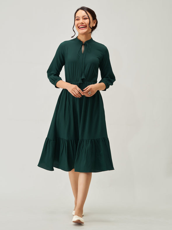 Tie-Up Neck Crepe Fit  Flare Dress