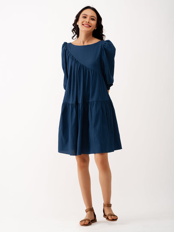 Boat Neck Puff Sleeves A-Line Dress