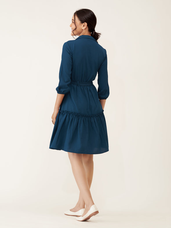 Puff Sleeves Crepe Fit  Flare Dress