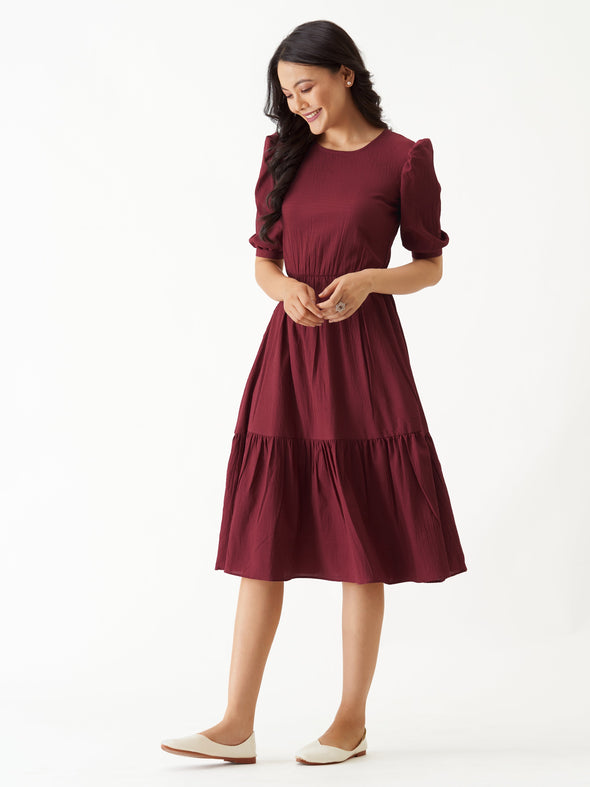 Puff Sleeve Crepe Fit  Flare Midi Dress