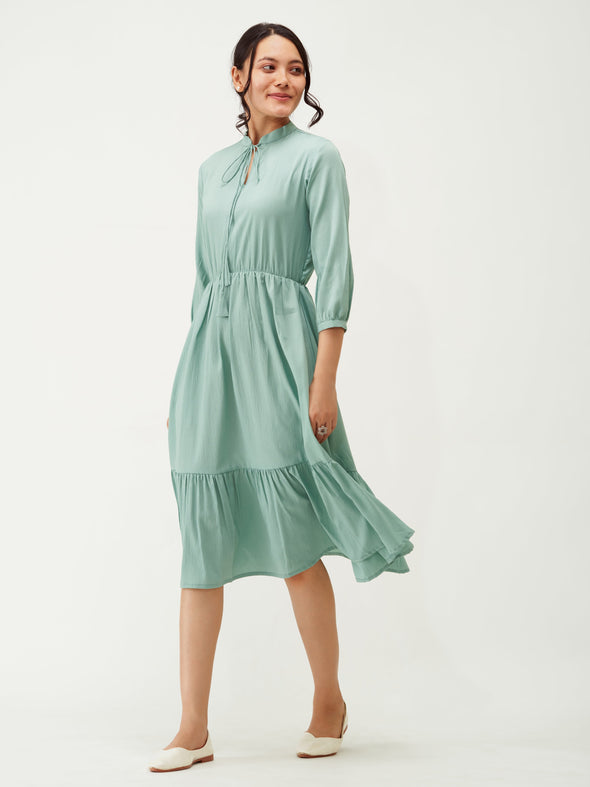 Tie-Up Neck Crepe Fit  Flare Dress