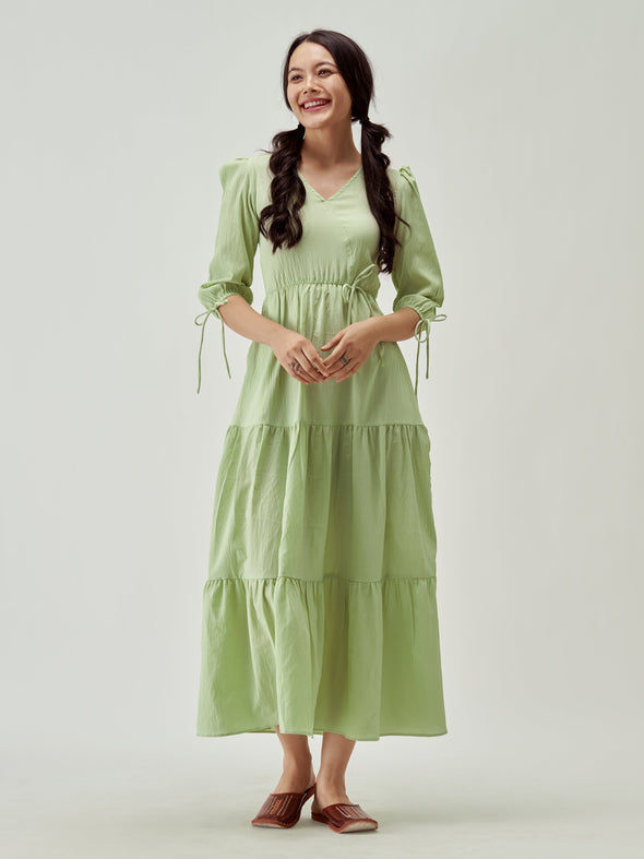 Puff Sleeves Tie-Up Detail Tiered Maxi A-Line Dress