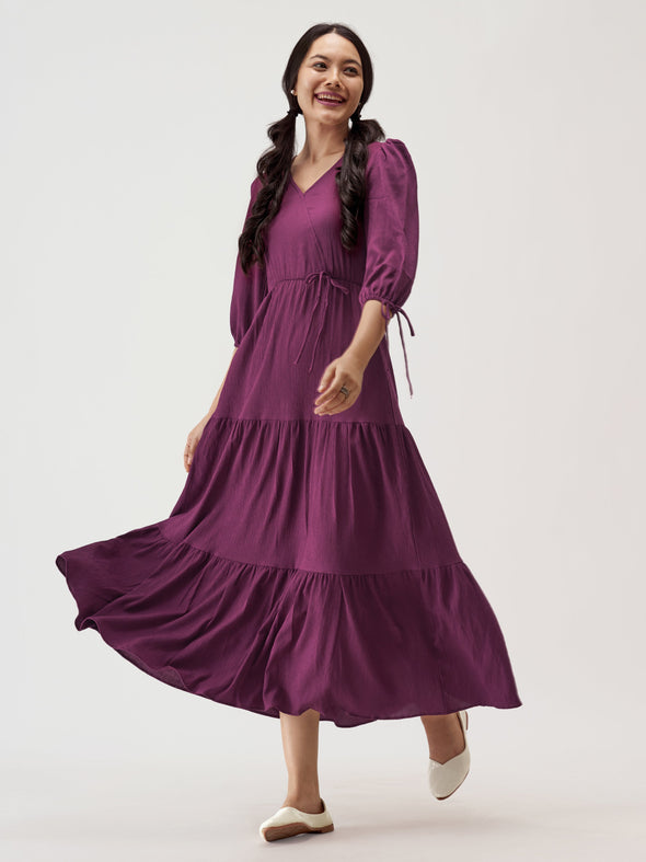 Puff Sleeves Tie-Up Detail Tiered Maxi A-Line Dress