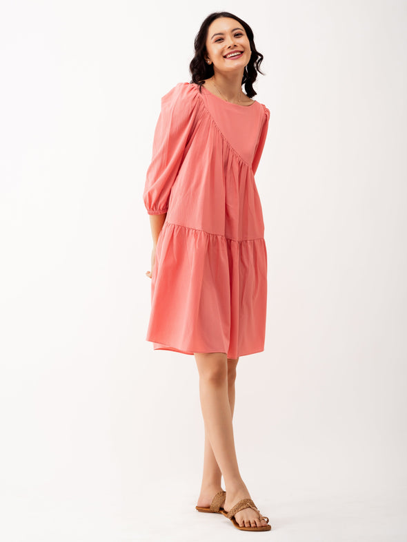Boat Neck Puff Sleeves A-Line Dress