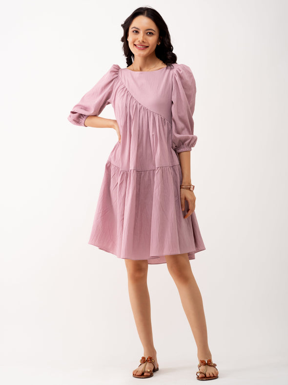 Boat Neck Puff Sleeves A-Line Dress