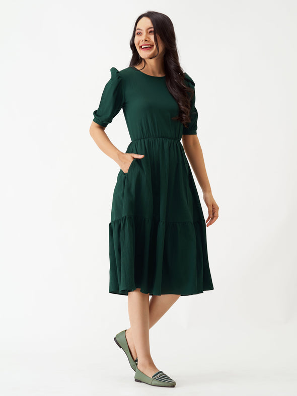 Puff Sleeve Crepe Fit  Flare Midi Dress