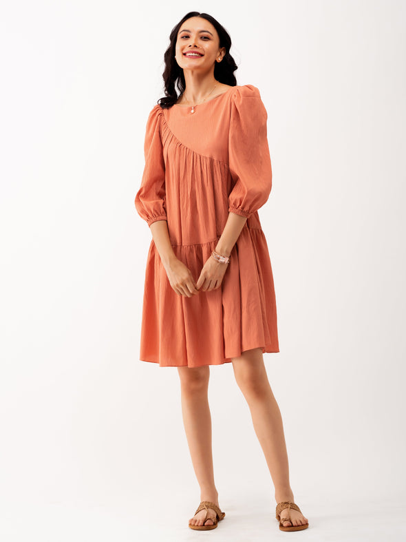 Boat Neck Puff Sleeves A-Line Dress