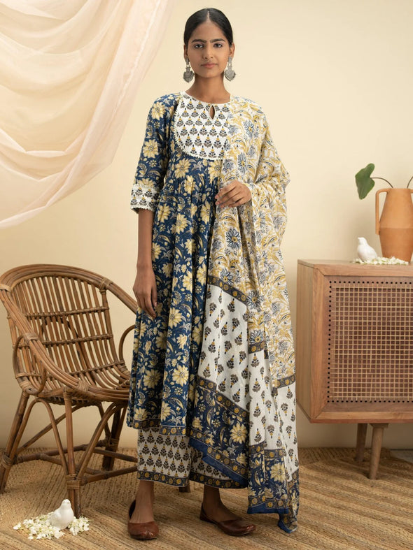 Blue Printed Cotton Anarkali Kurta With Palazzos & Dupatta