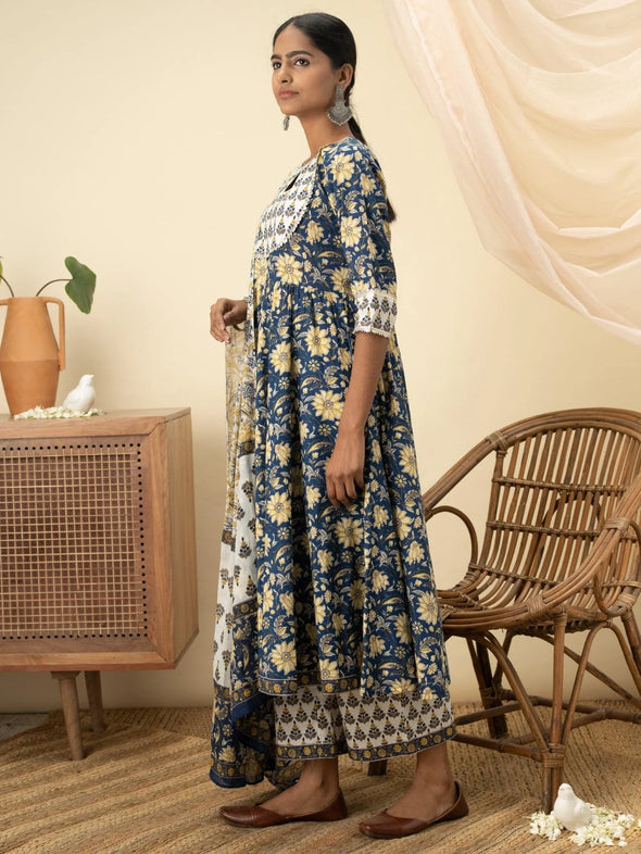 Blue Printed Cotton Anarkali Kurta With Palazzos & Dupatta