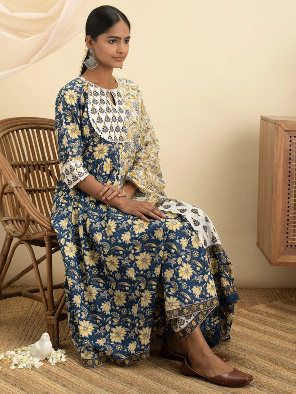 Blue Printed Cotton Anarkali Kurta With Palazzos & Dupatta