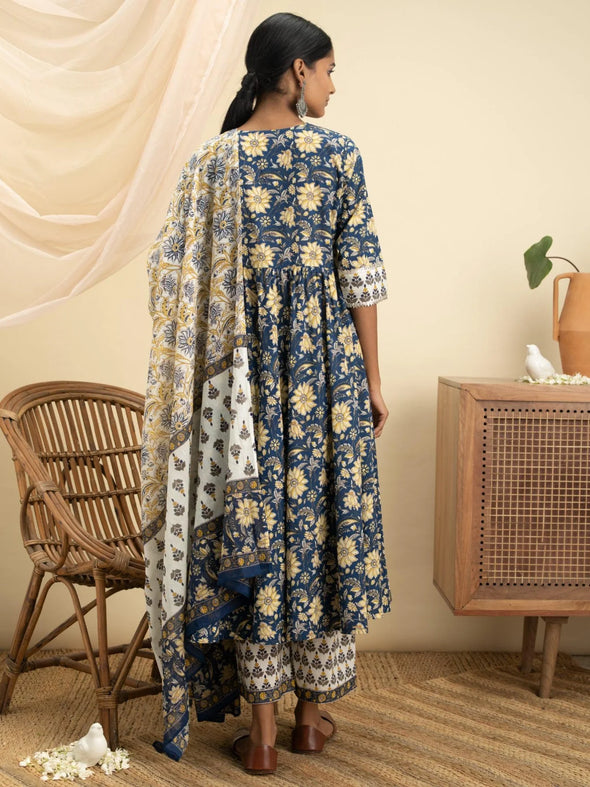 Blue Printed Cotton Anarkali Kurta With Palazzos & Dupatta