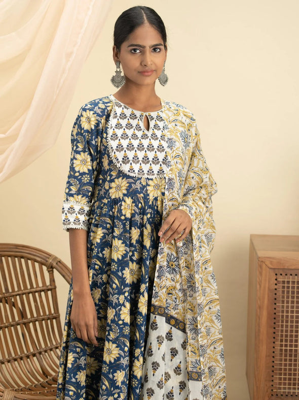 Blue Printed Cotton Anarkali Kurta With Palazzos & Dupatta