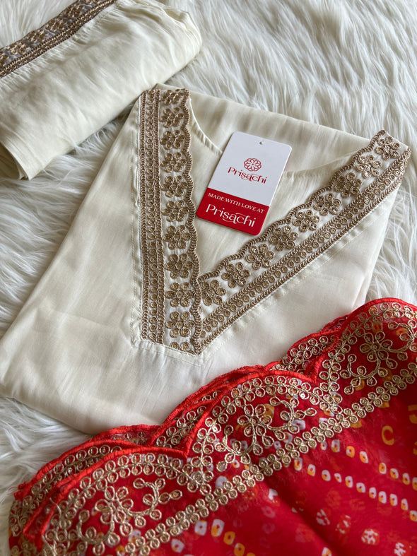 Off White Lilac silk kurta set with Red Lbandhani  dupatta