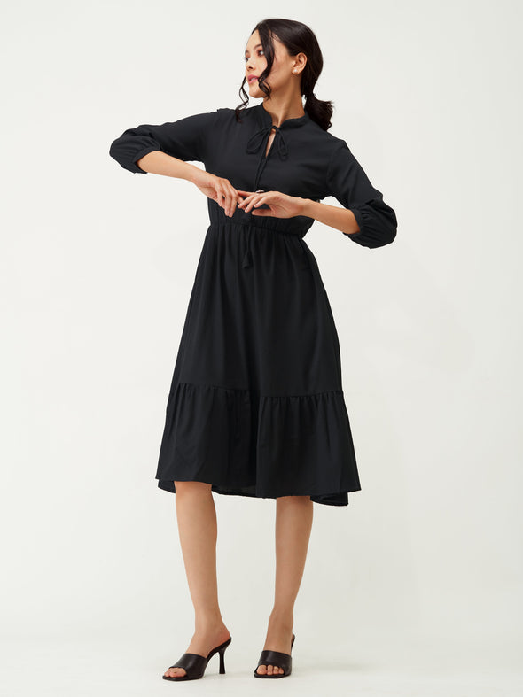 Tie-Up Neck Crepe Fit  Flare Dress