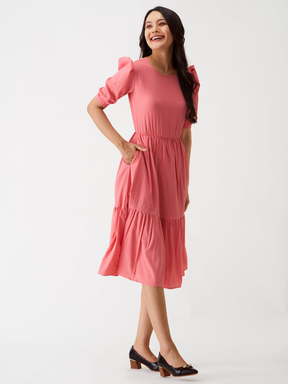 Puff Sleeve Crepe Fit  Flare Midi Dress