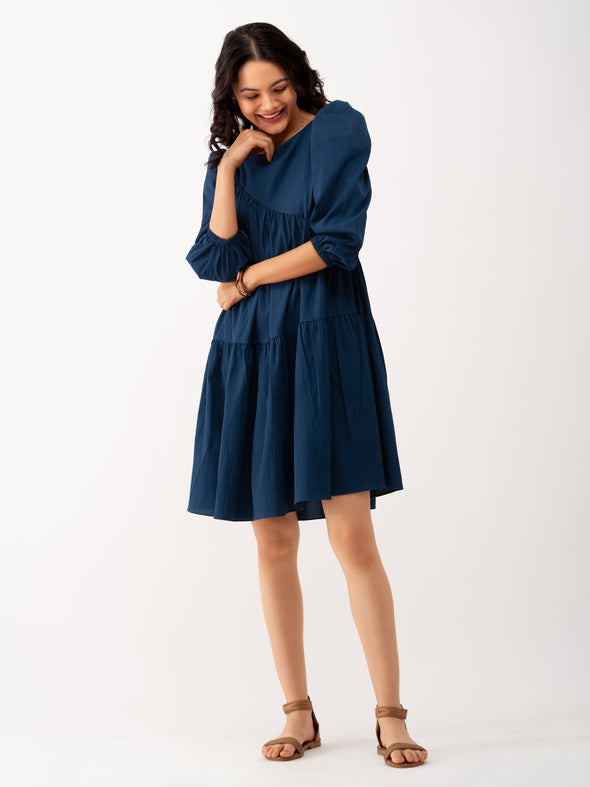 Boat Neck Puff Sleeves A-Line Dress