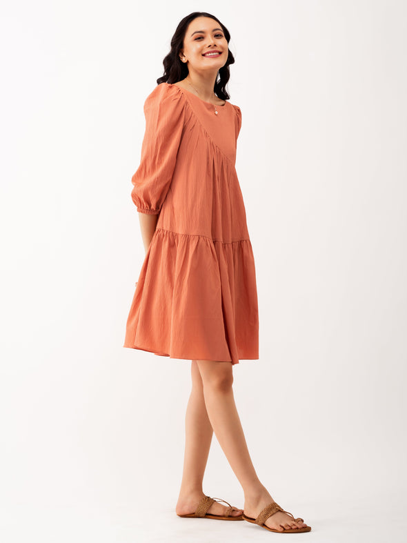 Boat Neck Puff Sleeves A-Line Dress