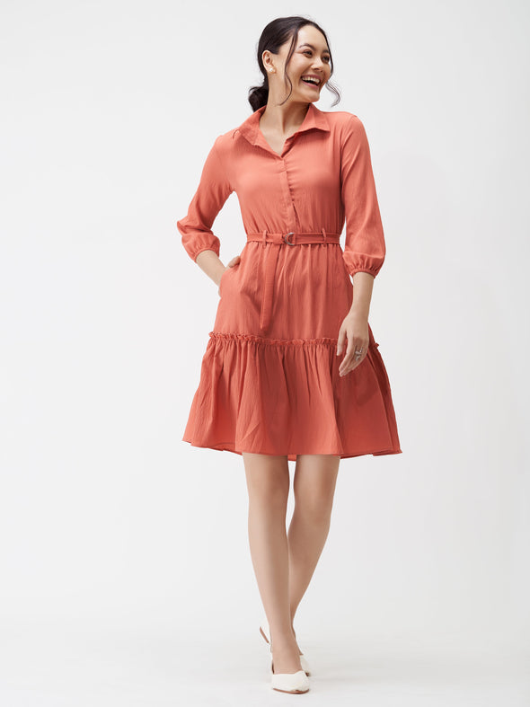 Puff Sleeves Crepe Fit  Flare Dress
