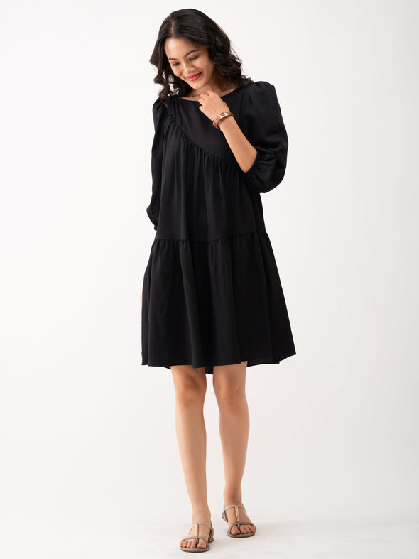 Boat Neck Puff Sleeves A-Line Dress