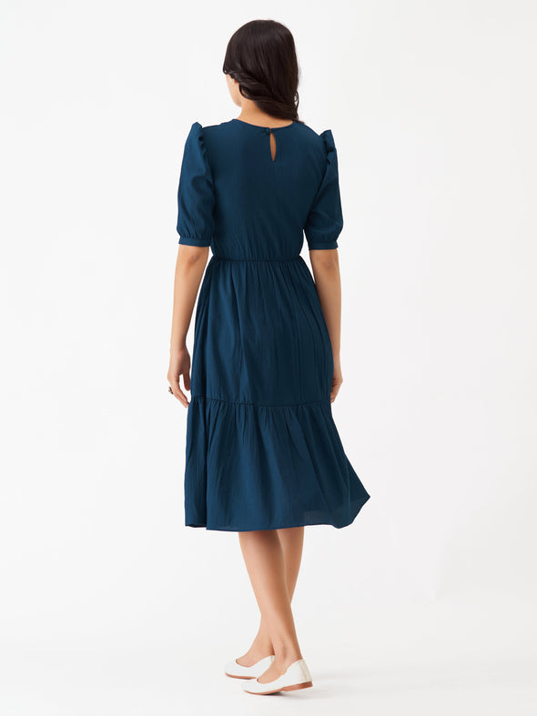 Puff Sleeve Crepe Fit  Flare Midi Dress