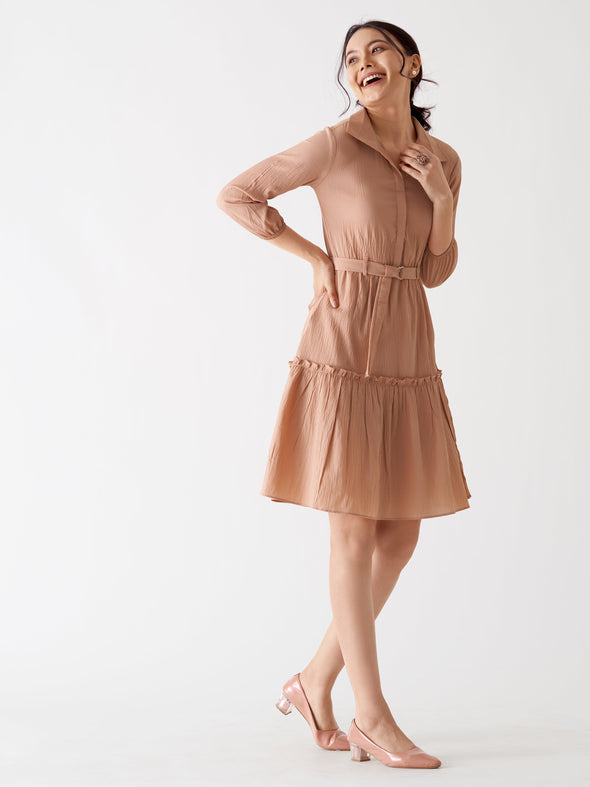 Puff Sleeves Crepe Fit  Flare Dress