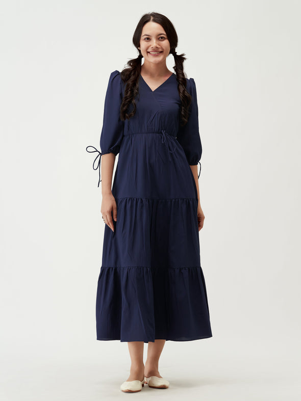 Puff Sleeves Tie-Up Detail Tiered Maxi A-Line Dress