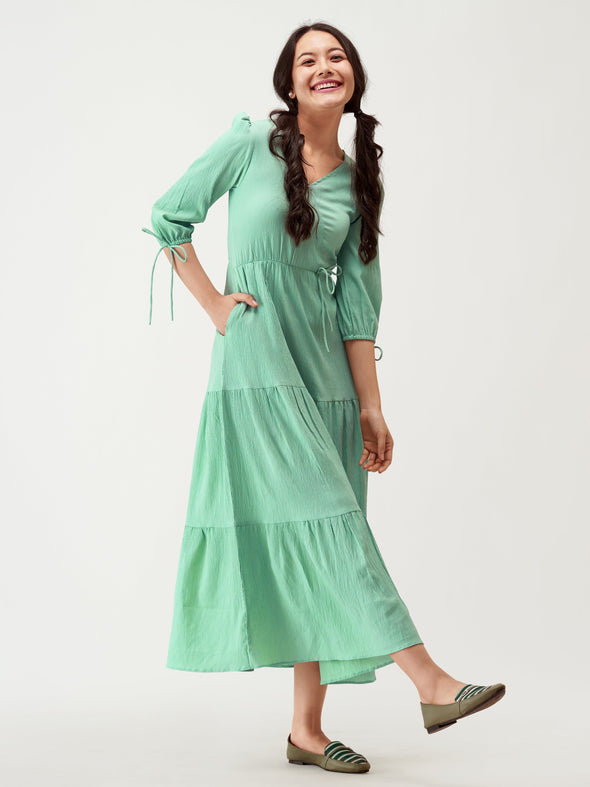 Puff Sleeves Tie-Up Detail Tiered Maxi A-Line Dress