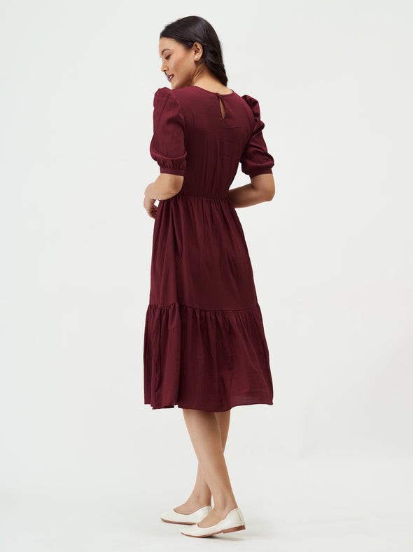 Puff Sleeve Crepe Fit  Flare Midi Dress