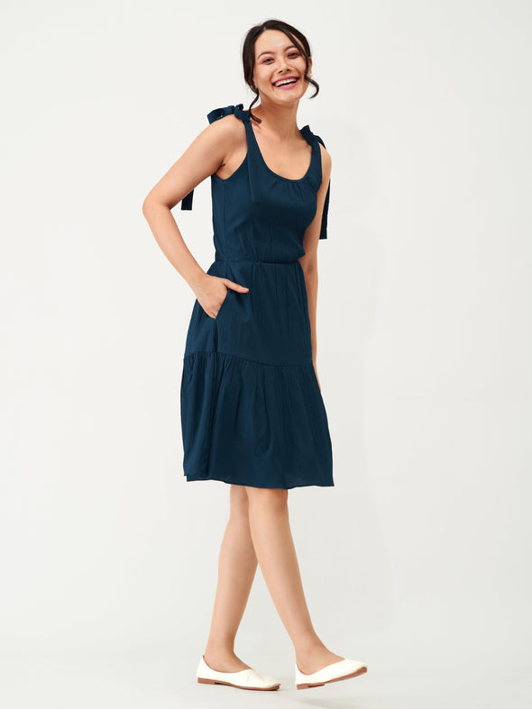 Shoulder Straps Tiered Crepe Fit  Flare dress