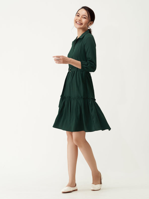 Puff Sleeves Crepe Fit  Flare Dress