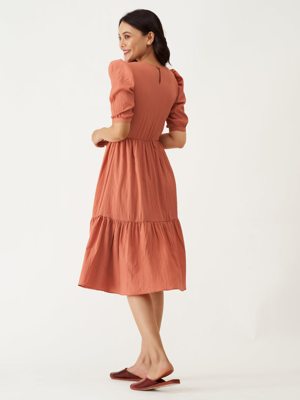 Puff Sleeve Crepe Fit  Flare Midi Dress