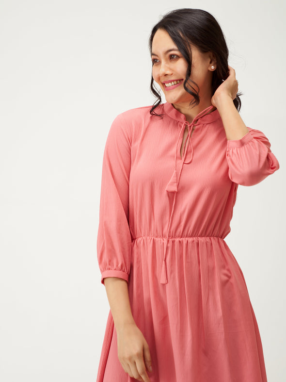 Tie-Up Neck Crepe Fit  Flare Dress