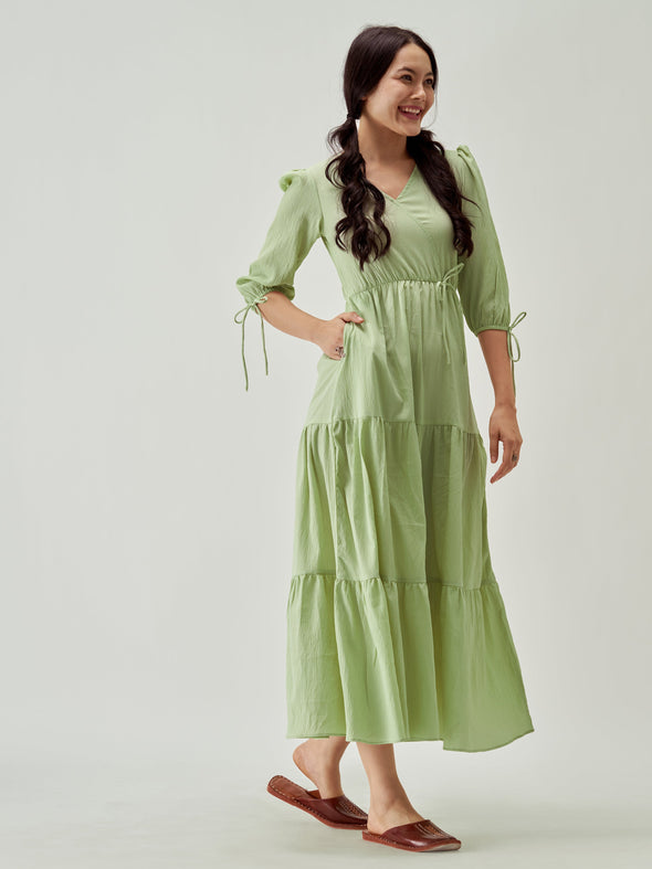 Puff Sleeves Tie-Up Detail Tiered Maxi A-Line Dress