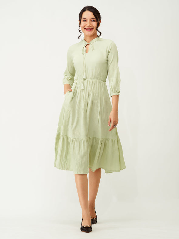 Tie-Up Neck Crepe Fit  Flare Dress