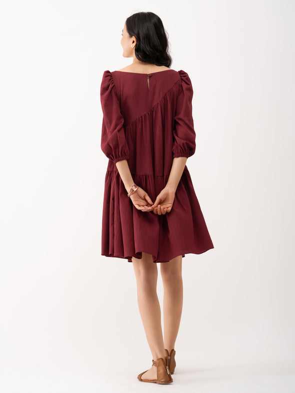 Boat Neck Puff Sleeves A-Line Dress
