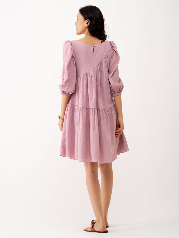 Boat Neck Puff Sleeves A-Line Dress