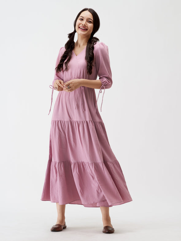 Puff Sleeves Tie-Up Detail Tiered Maxi A-Line Dress