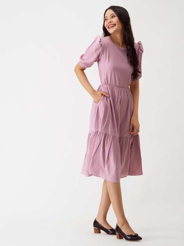 Puff Sleeve Crepe Fit  Flare Midi Dress