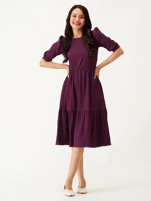 Puff Sleeve Crepe Fit  Flare Midi Dress