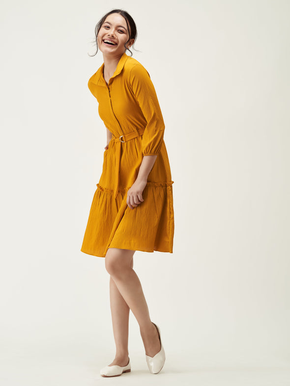 Puff Sleeves Crepe Fit  Flare Dress
