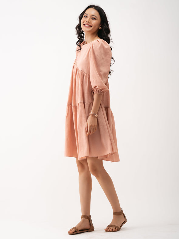 Boat Neck Puff Sleeves A-Line Dress