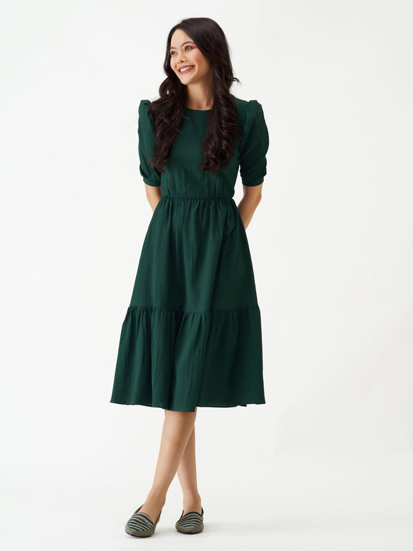 Puff Sleeve Crepe Fit  Flare Midi Dress