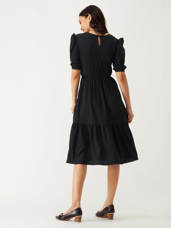 Puff Sleeve Crepe Fit  Flare Midi Dress