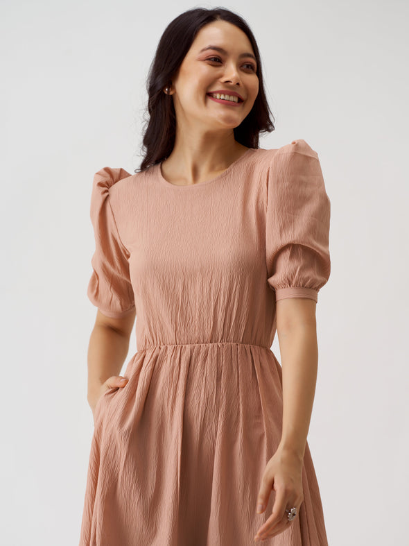 Puff Sleeve Crepe Fit  Flare Midi Dress