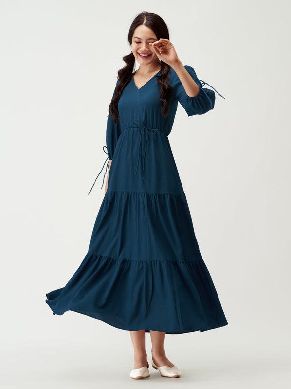 Puff Sleeves Tie-Up Detail Tiered Maxi A-Line Dress