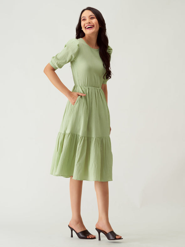 Puff Sleeve Crepe Fit  Flare Midi Dress